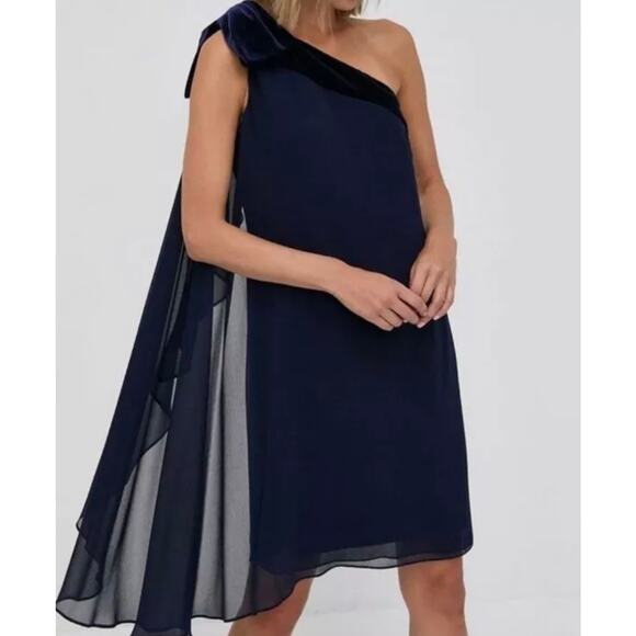 Ralph Lauren Black Label Chiffon Velvet One Shoulder Dress Navy Size 4 - Picture 1 of 9